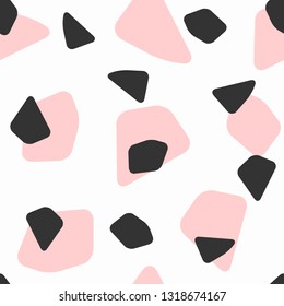 Abstract seamless pattern with uneven geometric shapes. Girly print. White, pink, black. Simple vector illustration.