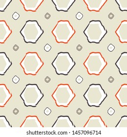 Abstract seamless pattern with abstract uneven rectangles and hexagons in geometric layout. Vector illustration in shades of cream, coral, white and grey in stylized watercolour style.