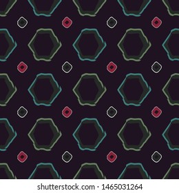 Abstract seamless pattern with abstract uneven rectangles and hexagons in geometric layout. Vector illustration in shades of black, burgundy, green, aqua and white in stylized watercolour style.