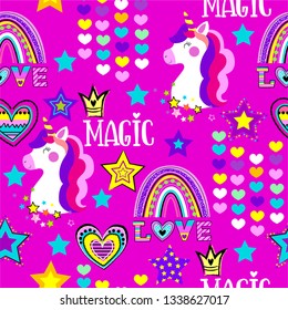 Abstract seamless pattern with unicorn, hearts, crown, rainbow, stars on pink background