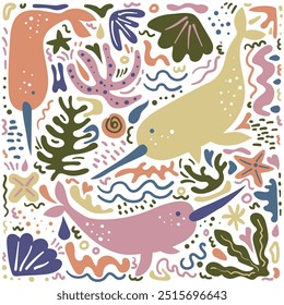 Abstract Seamless Pattern with unique colorful style and narwhals