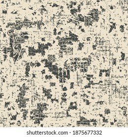 Abstract seamless pattern with unreadable handwritten text Lorem Ipsum and stains on the old paper backdrop. Vector repeating background in retro style, wallpaper, wrapping paper, fabric, textile