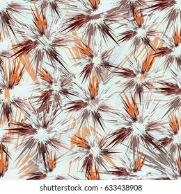 Abstract seamless pattern with unusual geometrical shapes. Soft texture for poster, gift paper, card, textile. Autumn orange and brown splash colors.