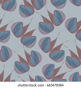 Abstract seamless pattern with unusual geometrical forms placed on gray background. Soft blue, brown colors, halftones. Watercolor effect.