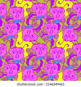 Abstract seamless pattern with unusual psychedelic faces