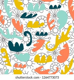 Abstract seamless pattern with unusual  shapes. Flourish background. Vector illustration. 