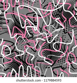 Abstract seamless pattern with urban chaotic elements , dots, for textile. Modern grunge background.