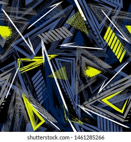 Abstract seamless pattern with urban geometric elements.. Grunge sport texture background. Dark print for boys
