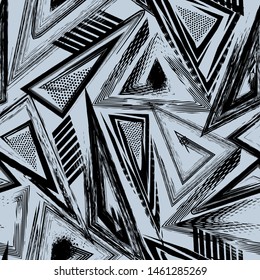 Abstract seamless pattern with urban geometric elements.. Grunge sport texture background. Dark print for boys