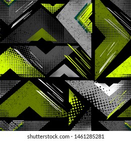 Abstract seamless pattern with urban geometric elements.. Grunge sport texture background. Dark print for boys