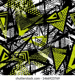 Abstract seamless pattern with urban geometric elements. Grunge sport texture background. Dark print for boys