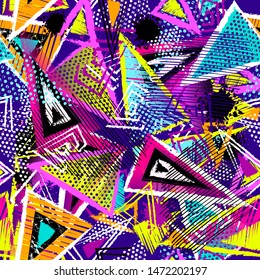 Abstract seamless pattern with urban geometric elements.. Grunge sport texture background. Dark print for girl