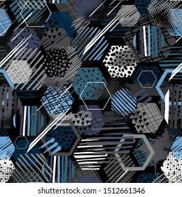 Abstract seamless pattern with urban geometric elements, scuffed, drops, spots. Grunge neon texture background. Drive modern creative wallpaper