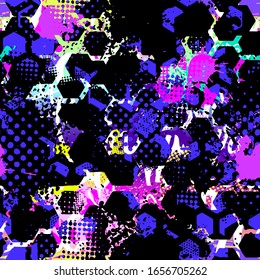 Abstract seamless pattern with urban geometric elements, scuffed, drops, spots, sprays. Grunge neon texture background. Drive modern creative wallpaper for boys and girls.
