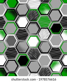 Resumen de un patrón sin fisuras con elementos geométricos urbanos, espantados, caídas, puntos. Fondo deportivo de textura de neón. Fondo de pantalla de fútbol y fútbol.