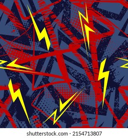 Abstract seamless pattern with urban geometric elements and lightning. Grunge sport texture background. Dark print for boys