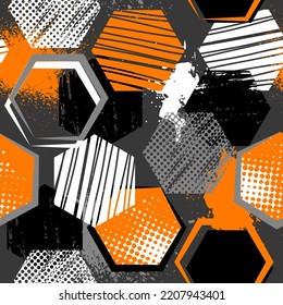 Abstract seamless pattern with urban geometric elements, scuffed, drops, spots, sprays, honeycombs. Grunge neon texture background. Drive modern creative wallpaper for boys and girls.