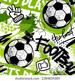 Abstract seamless pattern with urban geometric elements, scuffed, drops, spots. Sport neon texture background. Football and soccer ball  wallpaper.