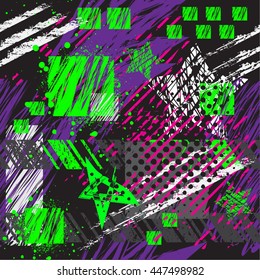 Abstract seamless pattern with urban geometric elements, scuffed, drops, triangles, spots, sprays Grunge  texture background for textile. Wallpaper for boys and girls