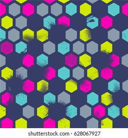 Abstract seamless  pattern with urban geometric elements, scuffed, sprays. Grunge neon texture background. Wallpaper for boys and girls.