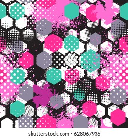 Abstract seamless pattern with urban geometric elements, scuffed, drops, spots, sprays. Grunge neon texture background. Drive modern creative wallpaper for boys and girls.