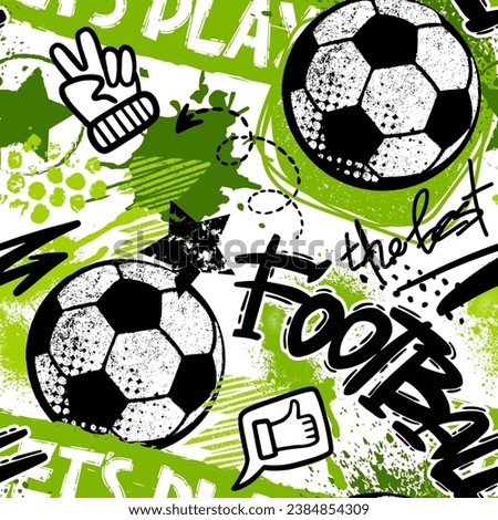 Abstract seamless pattern with urban geometric elements, scuffed, drops, spots. Sport neon texture background. Football and soccer ball  wallpaper.