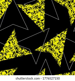 Abstract seamless pattern, urban style. yellow arrows with grunge texture and white outline on black background.