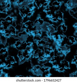 Abstract seamless pattern urban style. Blue grunge texture. Geometric elements, circles on black background.