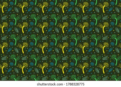 Abstract seamless pattern use flower, leaf and circle as design element. Isolated on dark green background.