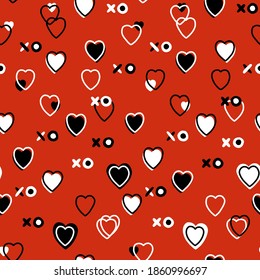 Abstract Seamless Pattern For Valentines Day. Red Background With Small Hearts. Cute Hand-drawn Simple Illustration. Ornament For Wrapping Paper Banner, Postcard. Vector Illustration About Love.