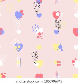 Abstract seamless pattern for Valentines day. Modern pink background with hearts. Cute hand-drawn simple illustration. Ornament for wrapping paper banner, postcard. Vector illustration about love.