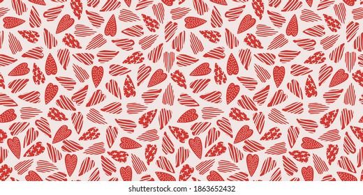 Resumen de un patrón sin fisuras para el día de San Valentín. Antecedentes con corazones rojos y rosados. Ilustración simple dibujada a mano. Ornamento para la pancarta de papel envolvente, postal. Ilustración vectorial del amor.
