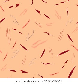 Abstract seamless pattern with various bloody wounds, surgical vector stitches, scars and injuries on skin-toned background.