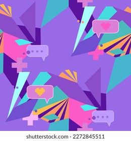 Abstract seamless pattern of various colorful angled geometric shapes with icons and radiant elements. Vector repeated design