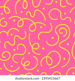 Abstract seamless pattern with various doodle elements. Hand drawn yellow lines and dots on pink background. Simple squiggly wallpaper design. Vector illustration.  