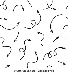 Abstract seamless pattern with various doodle arrows. Hand drawn black arrows on white background. Simple squiggly wallpaper design. Vector illustration.