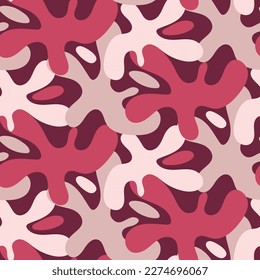 Abstract seamless pattern with various elements in the form of paint blots. Chaotic vector texture with ink shapes. Printing on textiles and paper. Background masking pink