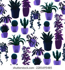 Abstract seamless pattern of a various house plants in a different pots. Night time color palette. Vector repeated geometric design