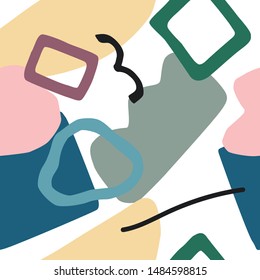 Abstract seamless pattern. Various shapes in trendy contemporary style. Modern vector illustration in pastel colors for print, textile, background, backdrop, card, flyer, cover.