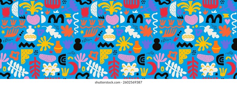 Abstract seamless pattern with various shapes, figures and freeform blobs. Modern trendy vector seamless background with various plants and doodles in hand drawn color crayon pencil style.