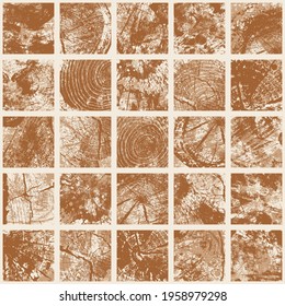 Abstract seamless pattern with various wooden textures in grunge style. Monochrome vector background consisting of square elements of wood saw cuts and cross-sections on a light backdrop.