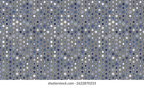 Abstract seamless pattern of varying sized circles in shades of blue and white on a grey background.  Perfect for textile design, website backgrounds, or any project needing a modern, subtle texture.