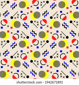 Abstract seamless pattern vector background with different geometric elements in memphis style.