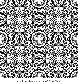Abstract seamless pattern. Vector Cute mosaic background. Monochrome lace design. Kaleidoscope decorative ornament. Ideal for tile, wrapping paper, textile, fabric, cover.Vintage texture.