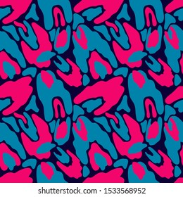 Abstract seamless pattern in vector. Fabric texture. Animal print leopard skin. Wild safari background cheetah fur fabric. Graphic vector art. Leopard texture pink and blue on a dark background. 