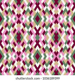 Abstract seamless pattern. Vector geometric background of triangles in green, red, beige and white colors. Mosaic texture for textile, clown, carpeting, warp, book cover, clothes