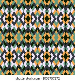 Abstract seamless pattern. Vector geometric background of triangles in green, orange and white colors. Mosaic texture for textile, clown, carpeting, warp, book cover, clothes
