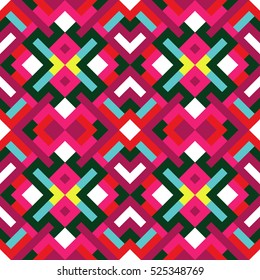 Abstract seamless pattern. Vector geometric background of triangles in green, pink and red colors. Mosaic texture for design