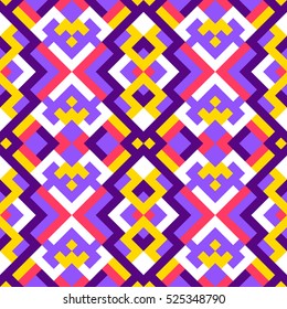 Abstract seamless pattern. Vector geometric background of triangles in violet, yellow and white colors. Mosaic texture for design