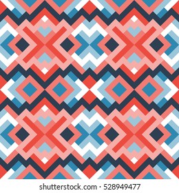 Abstract seamless pattern. Vector geometric background of triangles in white, blue and red colors. Mosaic texture for design